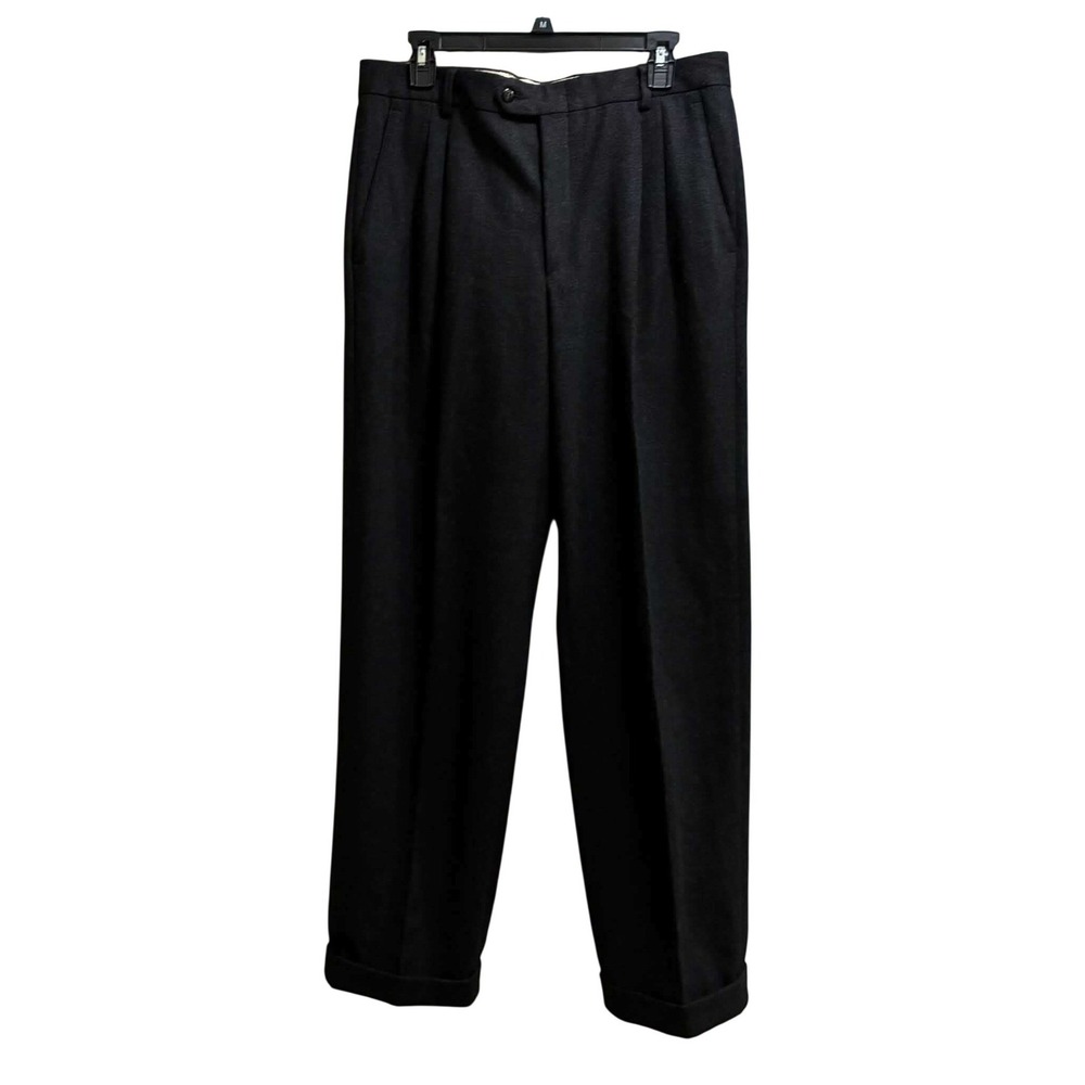 Buenos Pleated Wool Trousers Mens 50 Charcoal Gray Windowpane Made in Italy